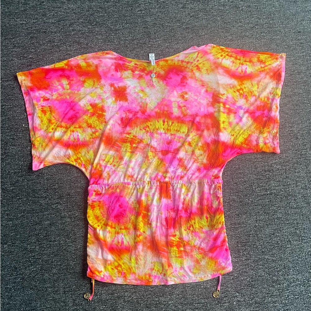 Luli Fama Vibrant Summer Beach Colorful Tie-Dye V-neck Adjustable Flowy Cover Up - Picture 2 of 11